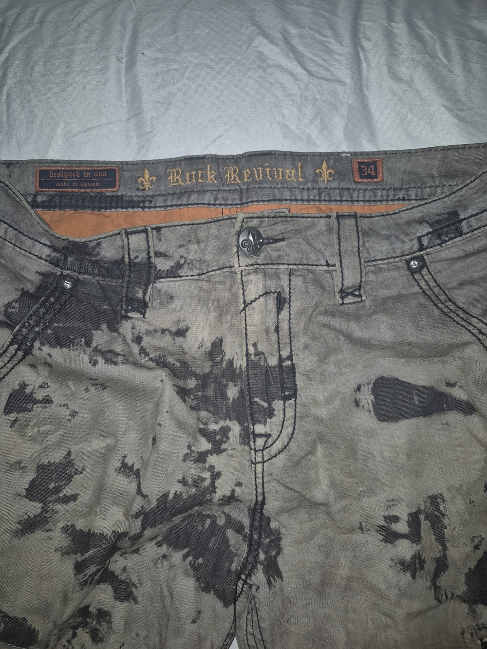 Rock Revival Distressed Tie-Dye Jeans - Beige & Black